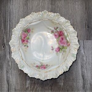 Vintage Floral Rose Centerpiece Scalloped Edge Bowl 11”